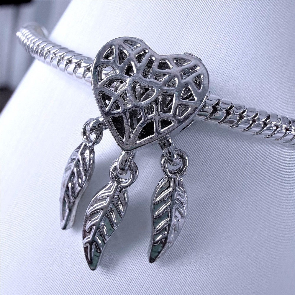 Silver Dreamcatcher Heart Bead Charm Fits Snake Chain Bracelet
